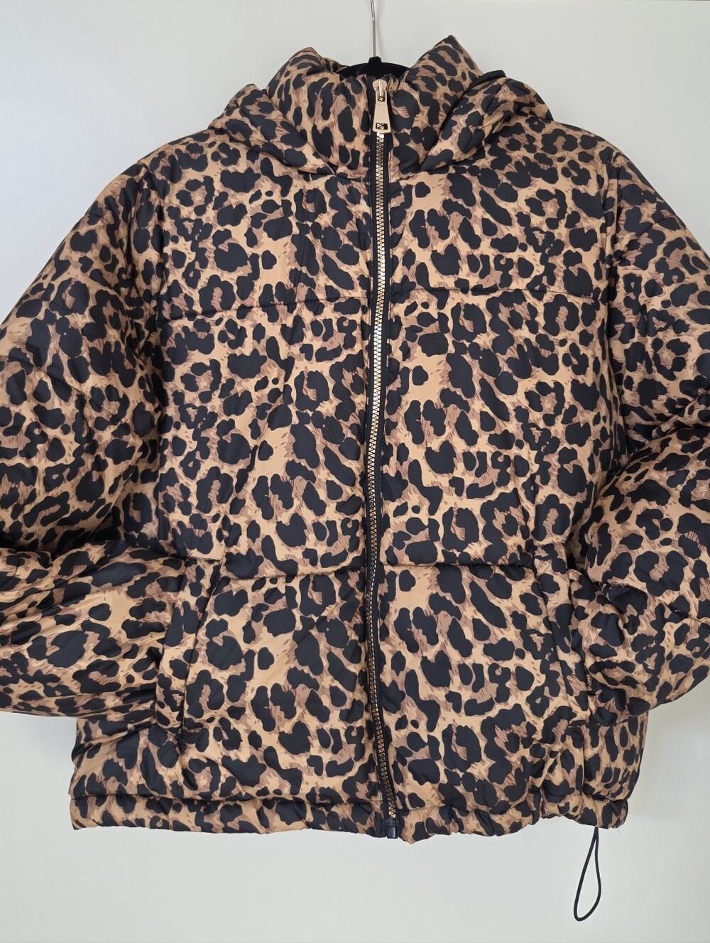 GBG Los Angeles G By Guess Leopard Print Hooded Puffer Jacket Large Black & Tan